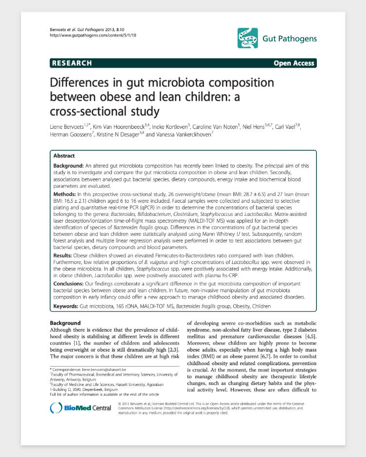 Differences in Gut Microbiota Composition between Obese and Lean Children: A Cross-Sectional Study.