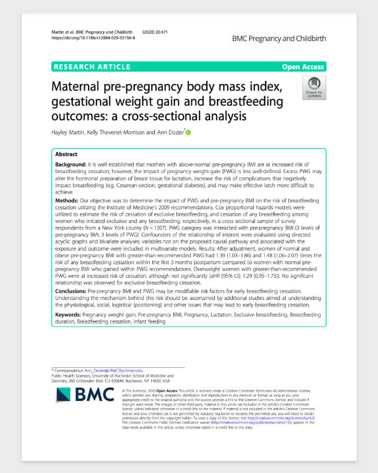 Maternal pre-pregnancy body mass index, gestational weight gain and breastfeeding outcomes