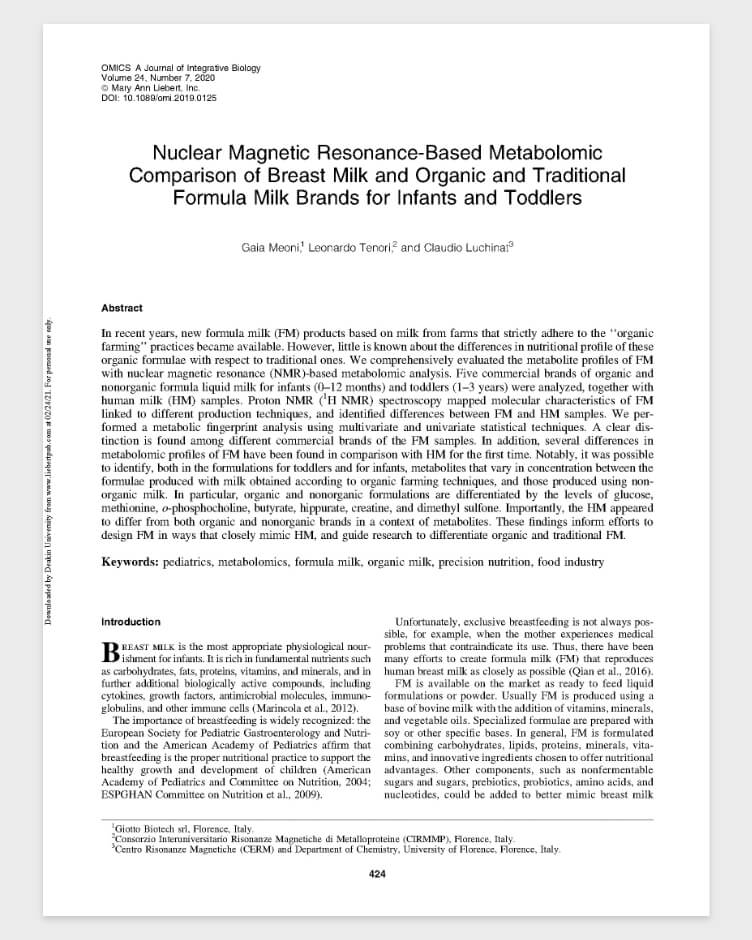 Nuclear Magnetic Resonance-Based Metabolomic Comparison of Breast Milk and Organic and Traditional Formula Milk Brands for Infants and Toddlers