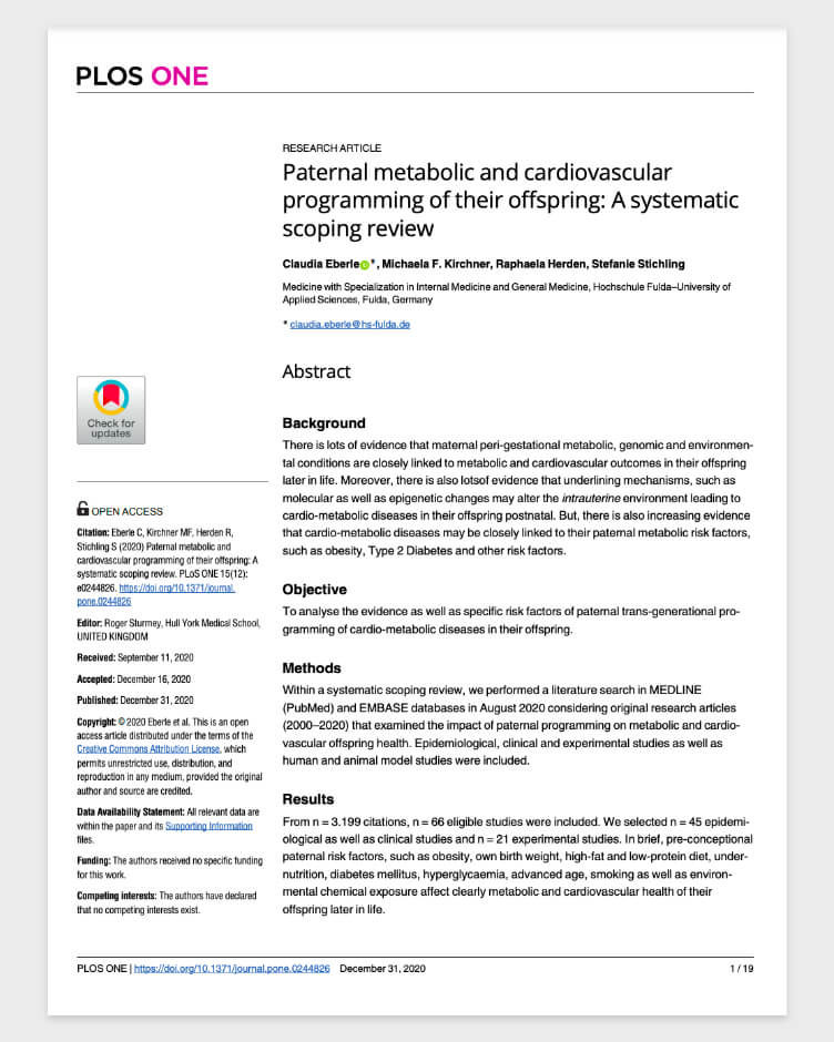 Paternal metabolic and cardiovascular programming of their offspring: A systematic scoping review