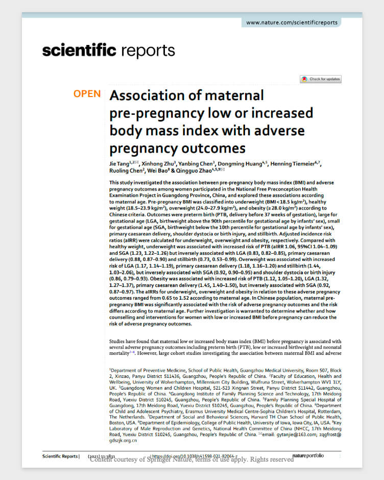 Association of maternal pre-pregnancy low or increased body mass index with adverse pregnancy outcomes