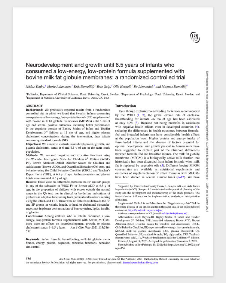 Neurodevelopment and growth until 6.5 years of infants who consumed a low-energy, low-protein formula supplemented with bovine milk fat globule membranes: a randomized controlled trial