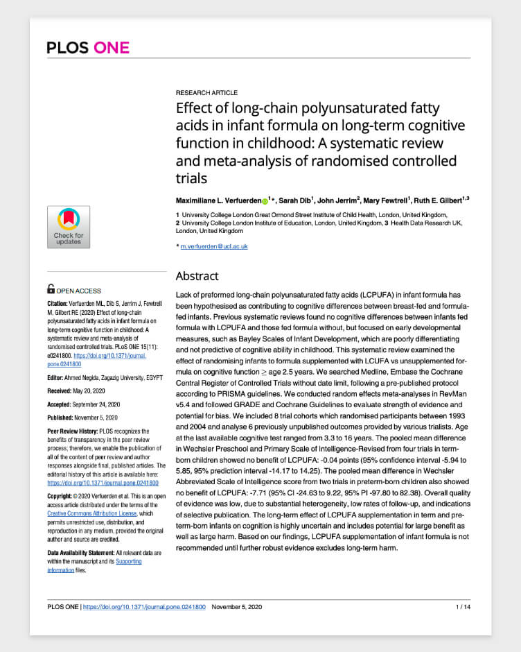Effect of long-chain polyunsaturated fatty acids in infant formula on long-term cognitive function in childhood: A systematic review and meta-analysis of randomised controlled trials
