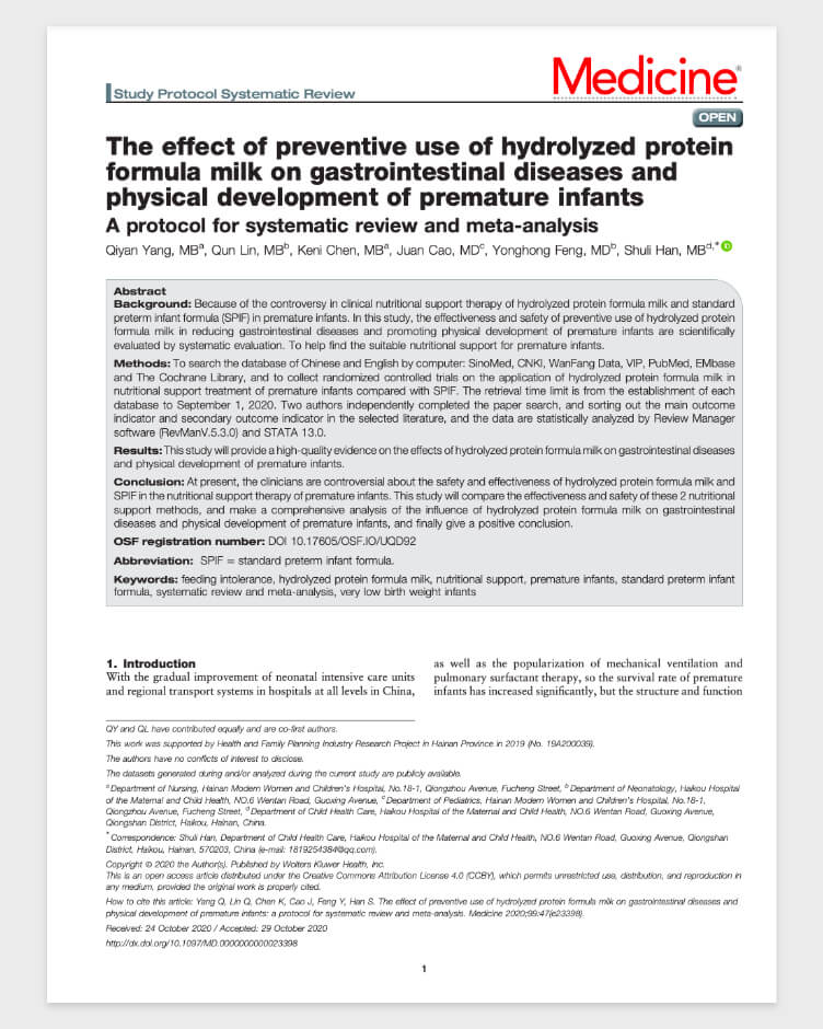The effect of preventive use of hydrolyzed protein formula milk on gastrointestinal diseases and physical development of premature infants A protocol for systematic review and meta-analysis