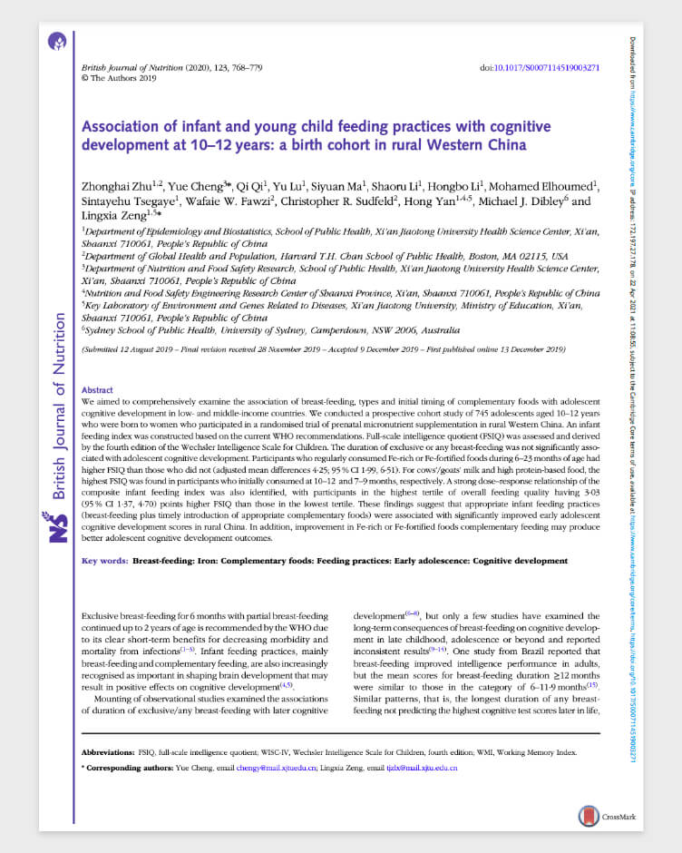 association of infant and young child feeding practices with cognitive development at 10-12 years