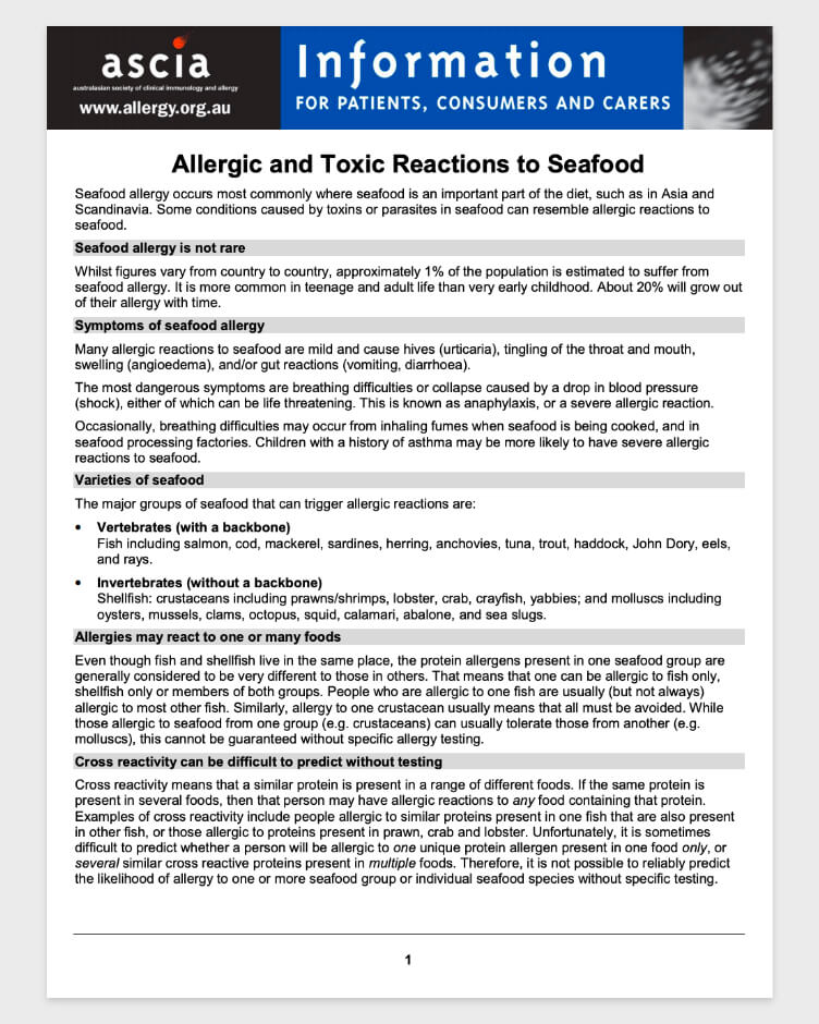 ASCIA - Allergic & Toxic Reactions to Seafood