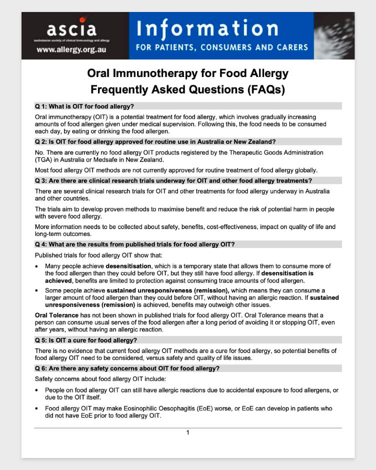 ASCIA - Oral immunotherapy for Food Allergy FAQs