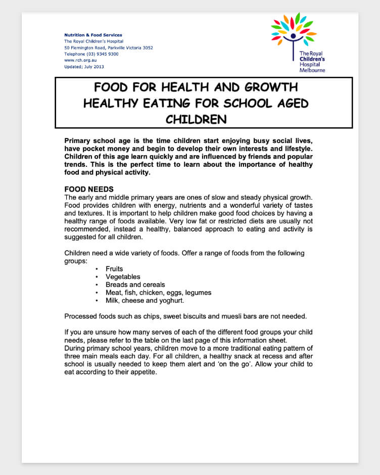 Food for Health and Growth - Healthy Eating for School Aged Children