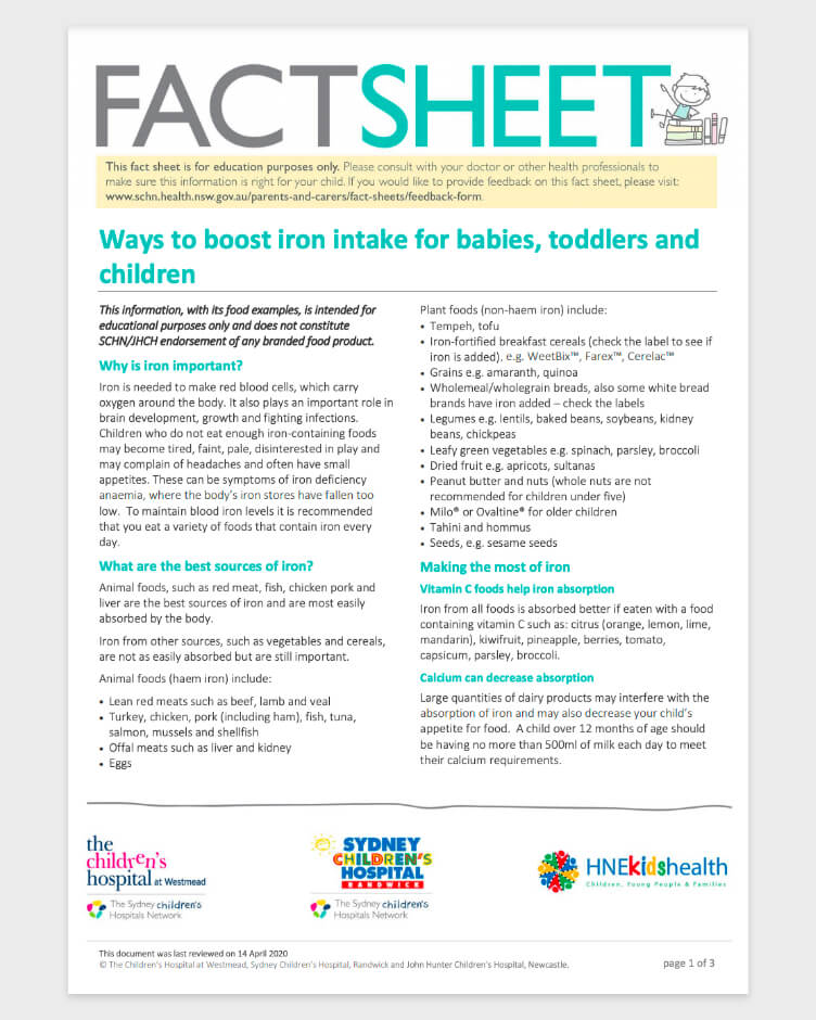 Fact Sheet - Ways to Boost Iron Intake for Babies Toddlers & Children