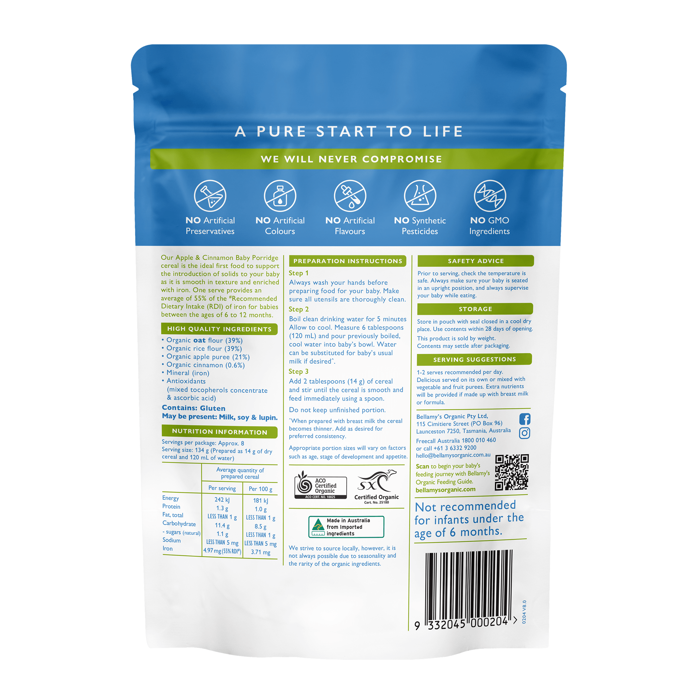 Bellamy's CEREAL_Apple & Cinnamon Baby Porridge_125g_GS1_RENDER_BACK